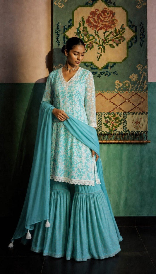 House Of Paral Aqua Blue Kurta Sharara Set with Cotton Dupatta for Women #product_color# 3 PCS SET