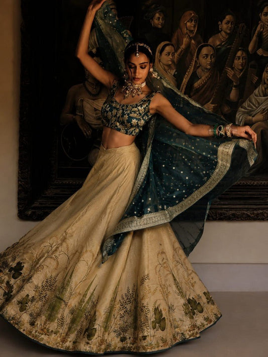 House of Paral Beige and Teal Blue Embroidered Lehenga Choli with Jacquard Dupatta #product_color# 3 PCS SET