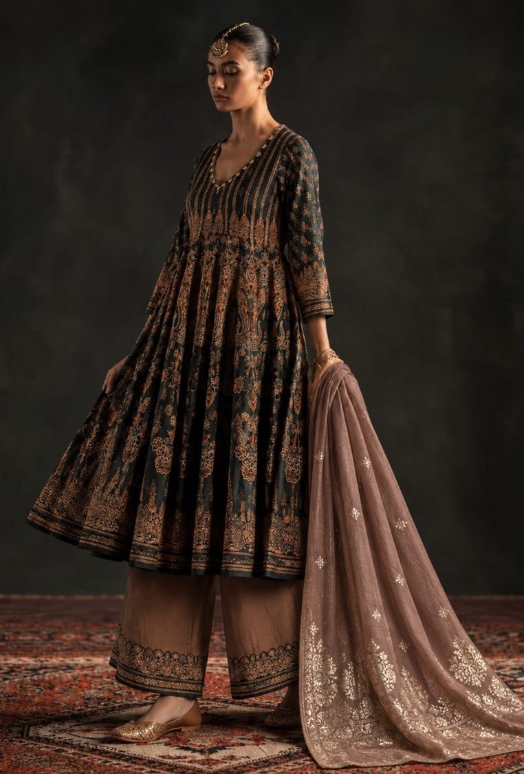 house-of-paral-black-anarkali-suit-set-with-taupe-jacquard-dupatta