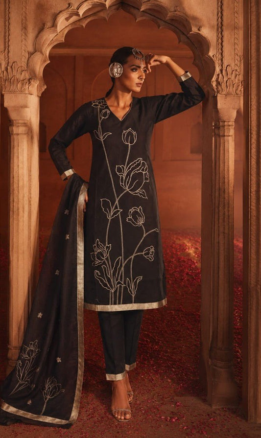 House Of Paral Black Cotton Jacquard Embroidered Kurta Set with Dupatta #product_color# 3 PCS SET