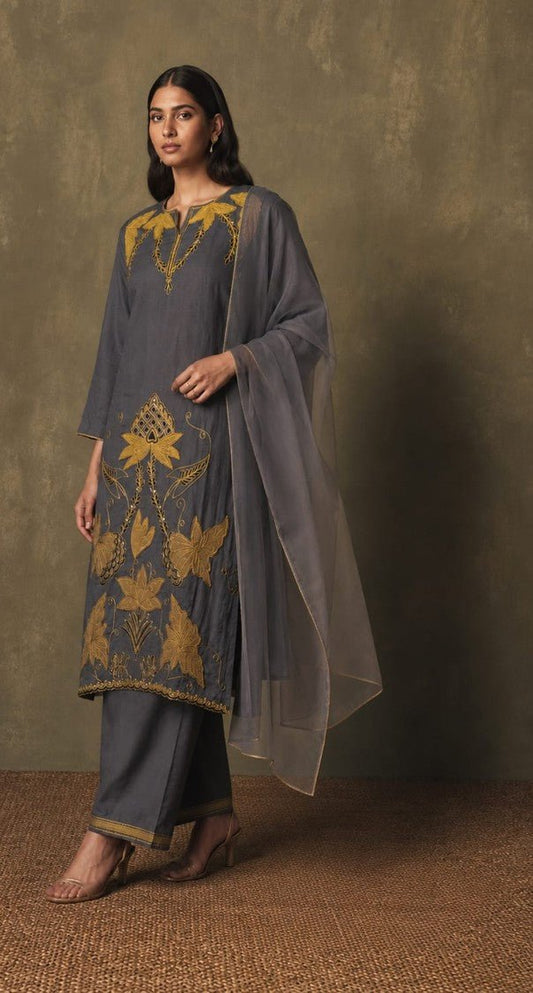 House Of Paral Charcoal Grey Embroidered Kurta Pant Set with Dupatta #product_color# 3 PCS SET
