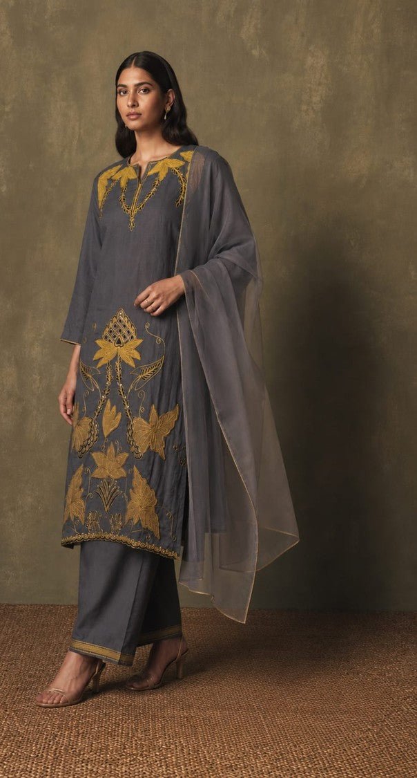 House Of Paral Charcoal Grey Embroidered Kurta Pant Set with Dupatta #product_color# 3 PCS SET