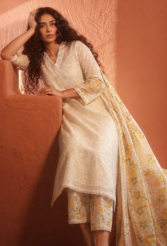 House Of Paral Cream Embroidered Kurta Pant Set with Dupatta for Women #product_color# 3 PCS SET
