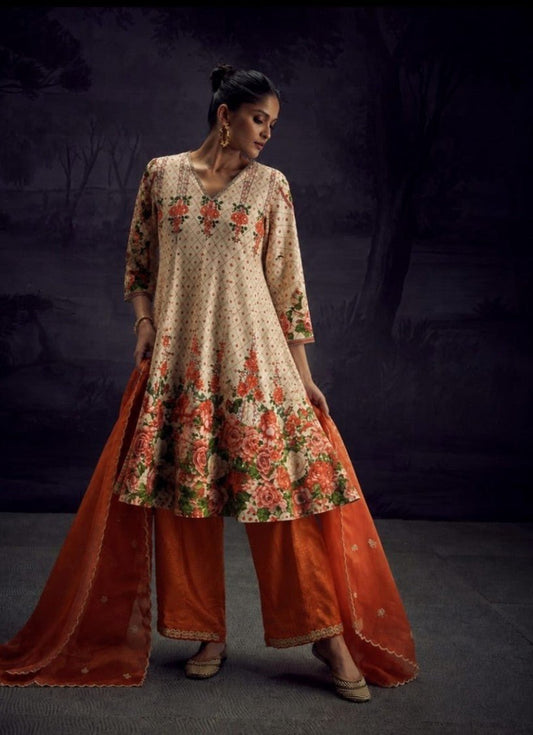 House of Paral Cream Floral Printed Suit Set with Orange Dupatta #product_color# 3 PCS SET