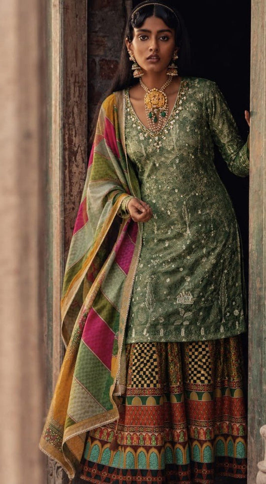 House of Paral Green Festive Wear Suit Set with Nylon Viscose Bottom & Dupatta #product_color# 3 PCS SET