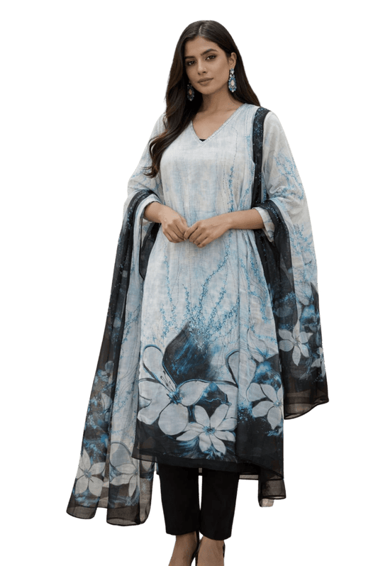 House of Paral Light Blue Linen Blend Kurta Set with Cotton Bottom and Dupatta #product_color# 3 PCS SET