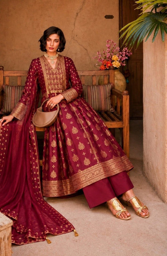 House of Paral Maroon Festive Wear Jacquard Kurta Set with Dupatta #product_color# 3 PCS SET