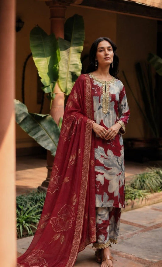 House of Paral Maroon Floral Kurta Set with Jacquard Dupatta #product_color# 3 PCS SET