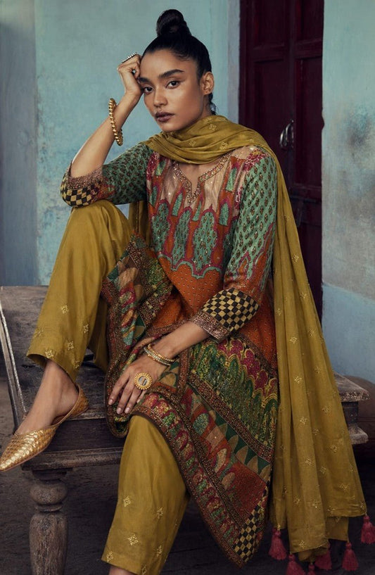 House of Paral Mustard Yellow Jacquard Suit Set with Multicolor Blend Bottom and Viscose Dupatta #product_color# 3 PCS SET