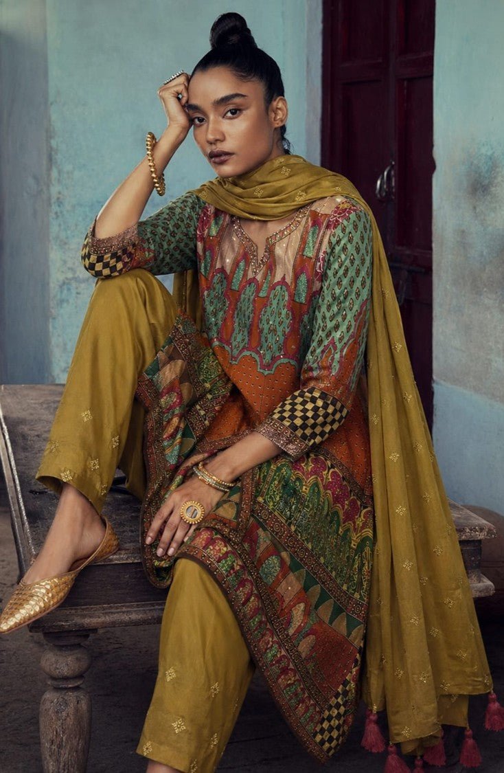 House of Paral Mustard Yellow Jacquard Suit Set with Multicolor Blend Bottom and Viscose Dupatta #product_color# 3 PCS SET
