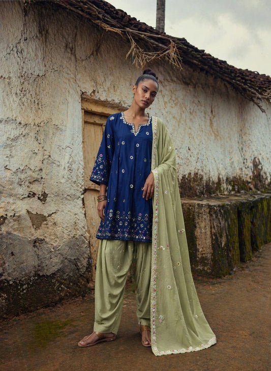 House of Paral Navy Blue Festive Wear Suit Set with Embroidered Dupatta #product_color# 3 PCS SET