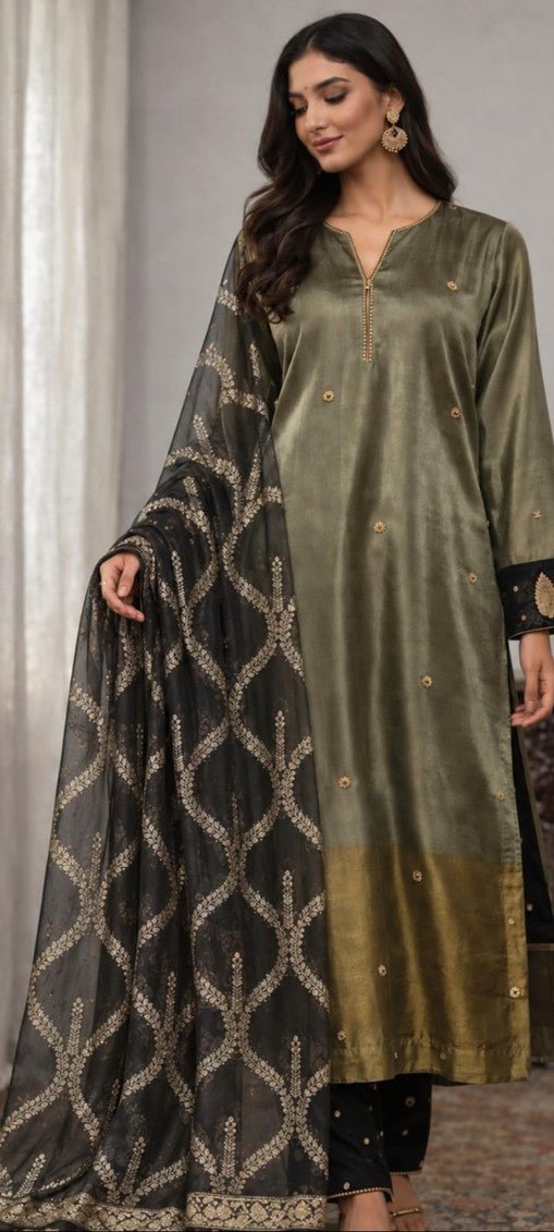 House of Paral Olive Green Ethnic Suit Set with Black Embroidered Jacquard Dupatta #product_color# 3 PCS SET
