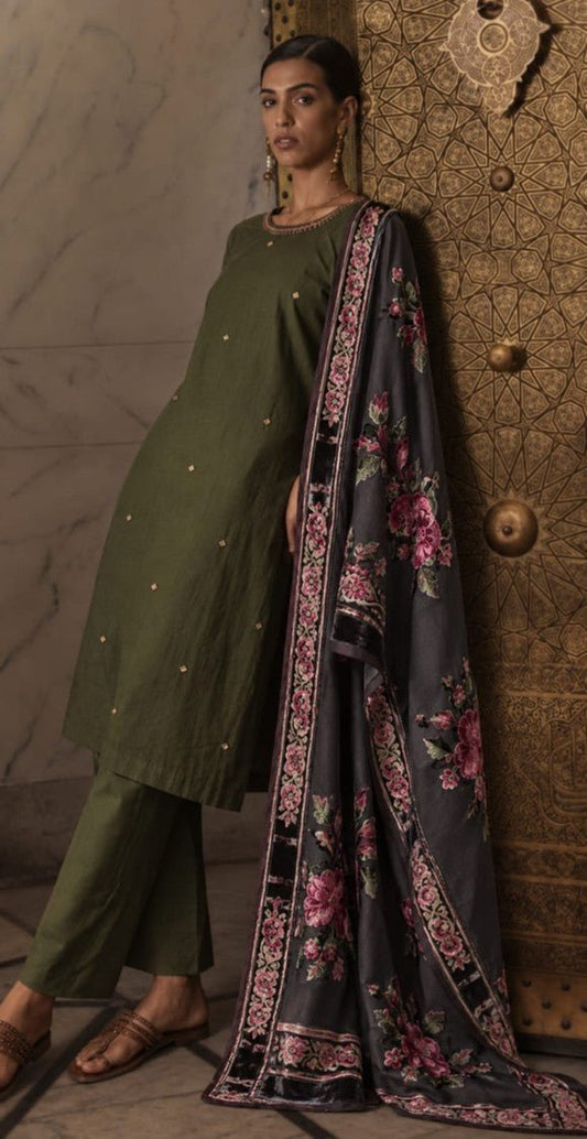 House of Paral Olive Green Ethnic Suit Set with Floral Jacquard Dupatta #product_color# 3 PCS SET