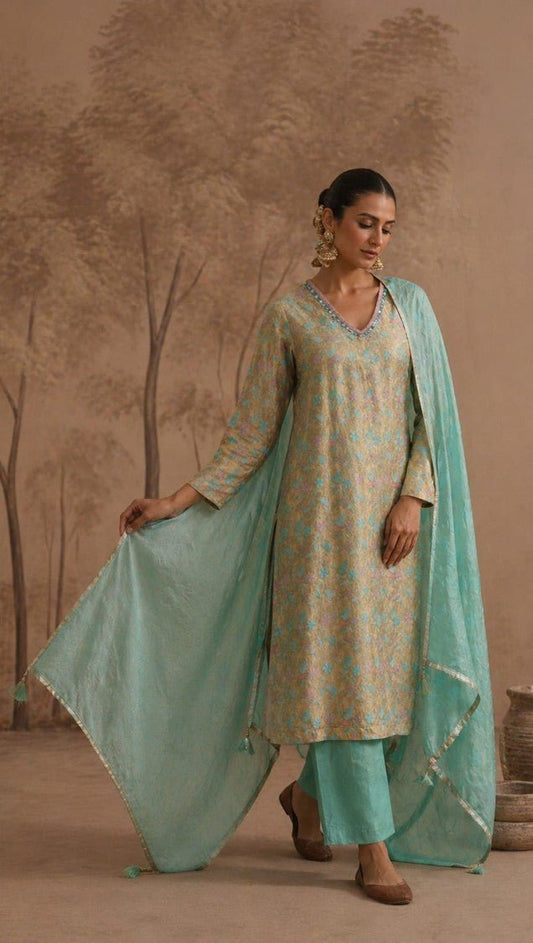 House of Paral Pastel Beige Jacquard Kurta Set with Mint Green Dupatta #product_color# 3 PCS SET