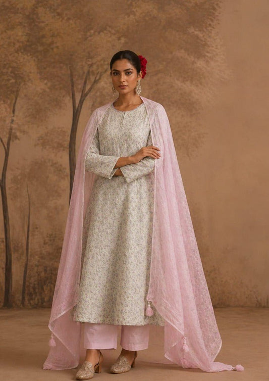 House of Paral Pastel Cream Festive Wear Suit Set with Pink Jacquard Dupatta #product_color# 3 PCS SET