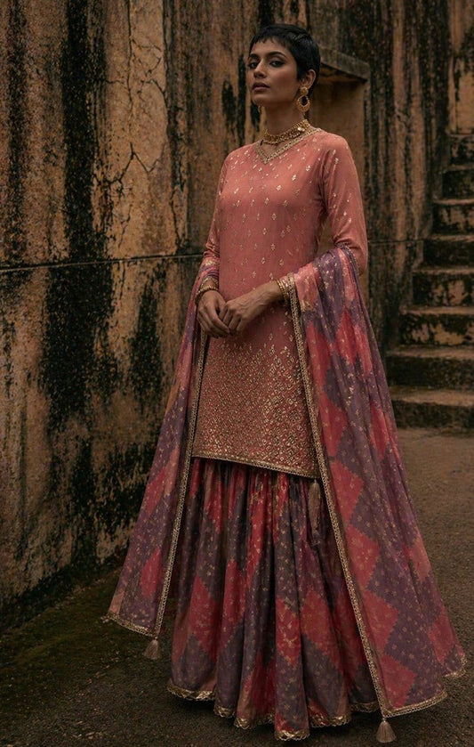House of Paral Peach Pink Festive Jacquard Kurta Set with Georgette Dupatta #product_color# 3 PCS SET