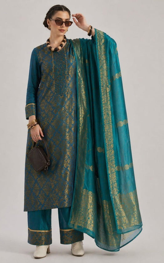 House of Paral Peacock Blue Jacquard Kurta Set with Matching Dupatta #product_color# 3 PCS SET