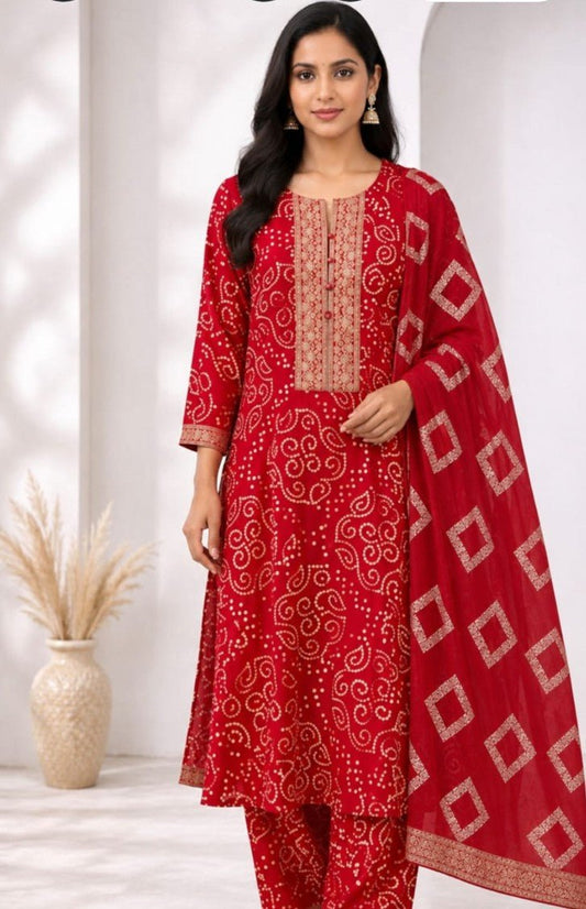 House of Paral Red Printed Blend Suit Set with Jacquard Dupatta #product_color# 3 PCS SET