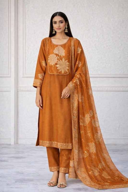 House of Paral Rust Orange Chanderi Suit Set with Jacquard Dupatta #product_color# 3 PCS SET