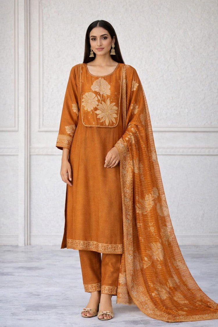 House of Paral Rust Orange Chanderi Suit Set with Jacquard Dupatta #product_color# 3 PCS SET