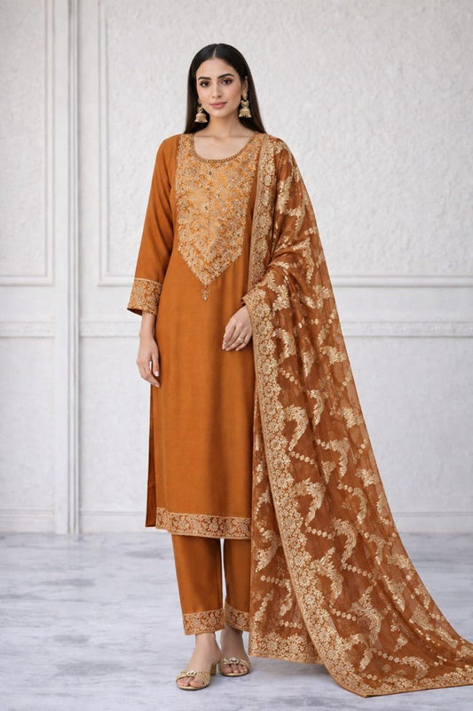 House Of Paral Rust Orange Embroidered Chanderi Kurta Set #product_color# 3 PCS SET