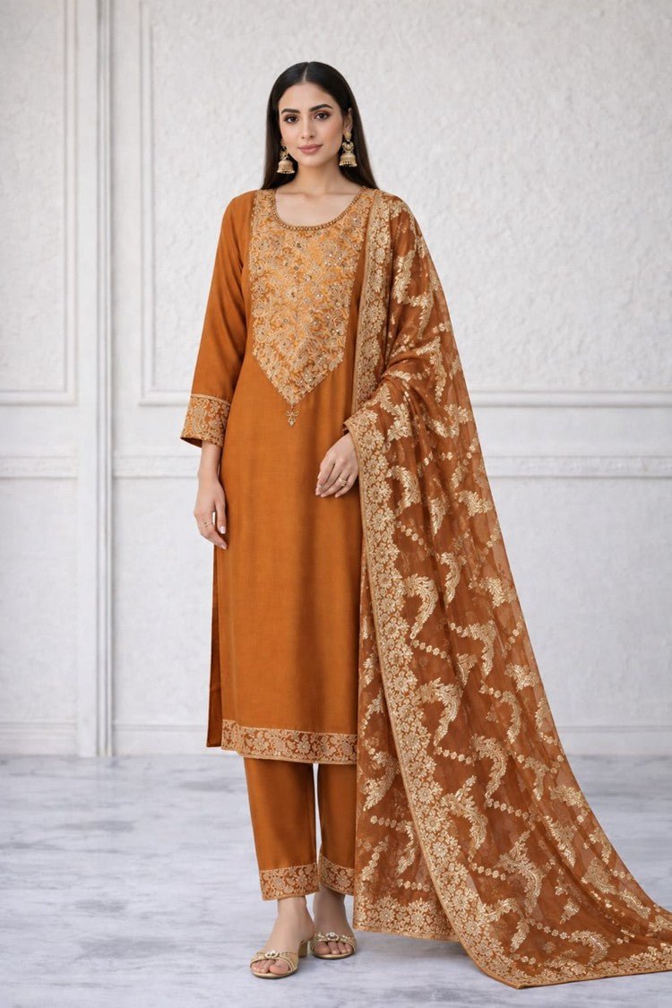 House Of Paral Rust Orange Embroidered Chanderi Kurta Set #product_color# 3 PCS SET