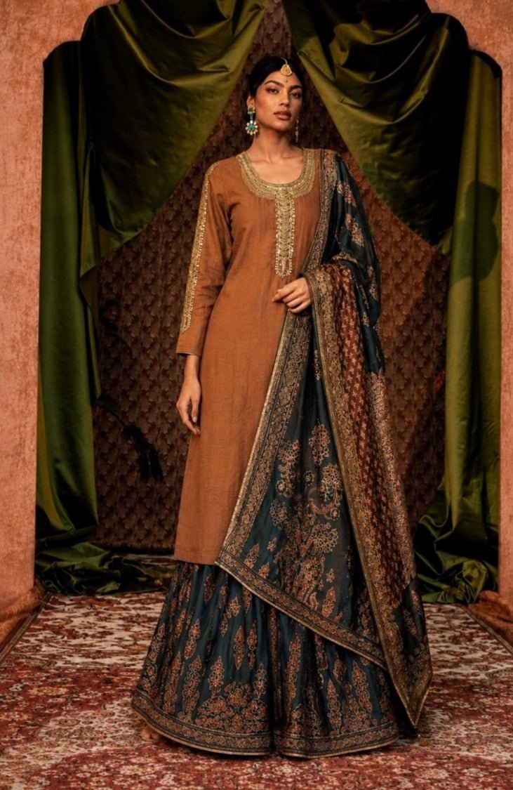House of Paral Rust Orange Suit Set with Printed Bottom & Dupatta #product_color# 3 PCS SET