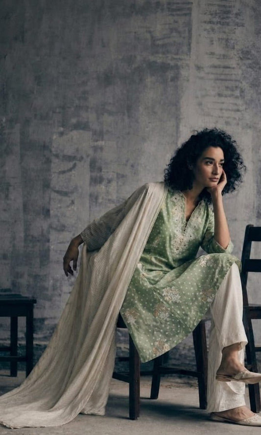 House Of Paral Sage Green Jacquard Kurta Set with Cotton Pants and Dupatta #product_color# 3 PCS SET