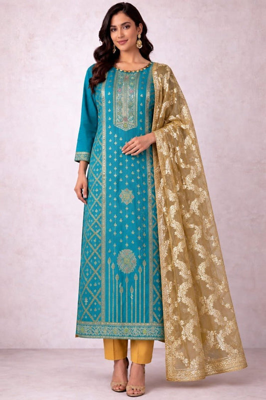 House of Paral Teal Blue Ethnic Suit Set with Golden Jacquard Dupatta #product_color# 3 PCS SET
