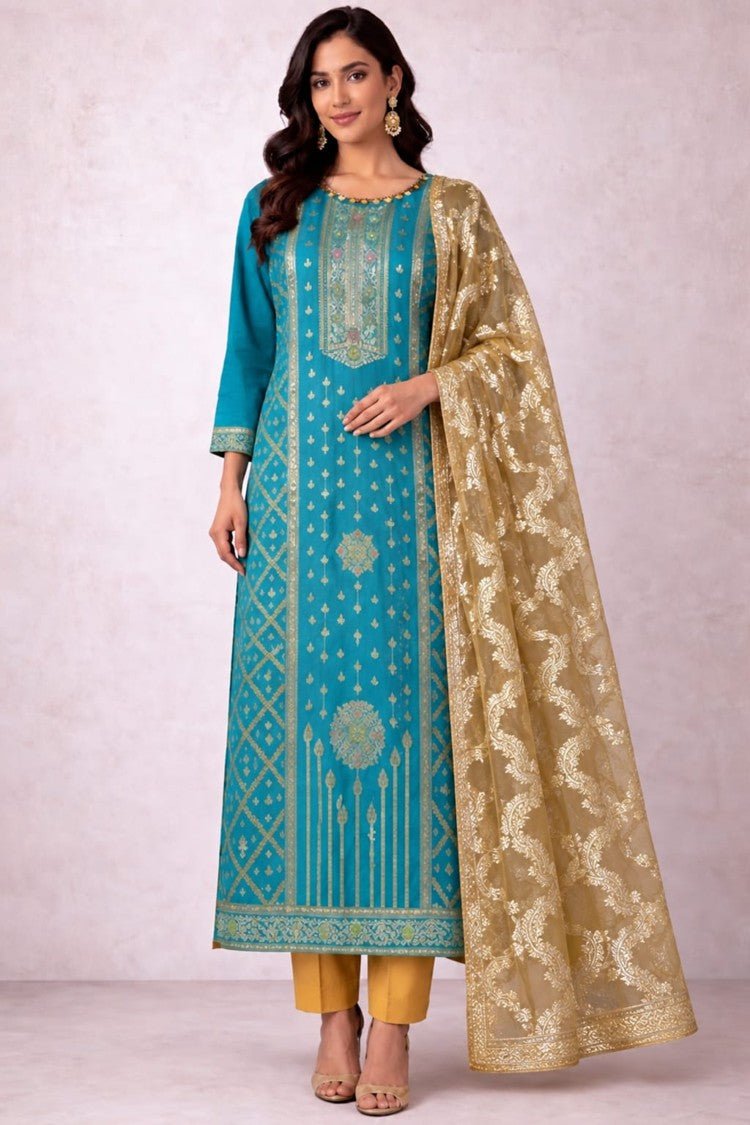 House of Paral Teal Blue Ethnic Suit Set with Golden Jacquard Dupatta #product_color# 3 PCS SET