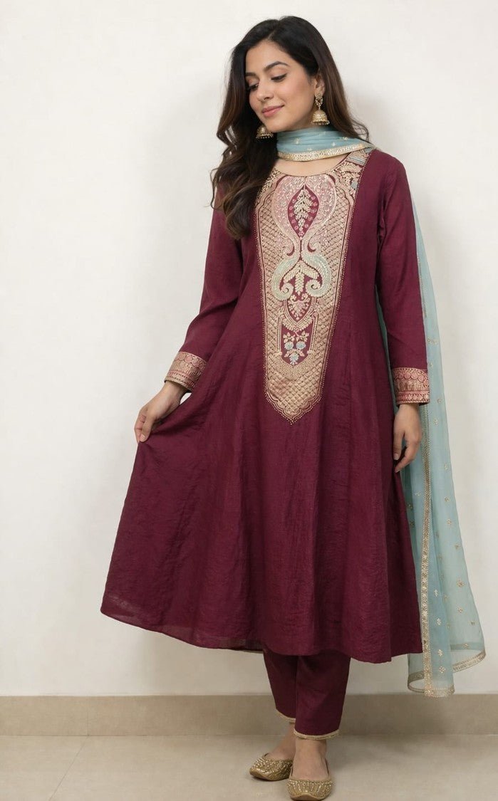 house-of-paral-wine-maroon-embroidered-suit-set-with-blue-dupatta