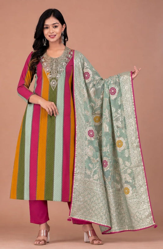 House Of Paral Women's Multicolor Nylon Viscose Kurta Set with Dupatta #product_color# 3 PCS SET