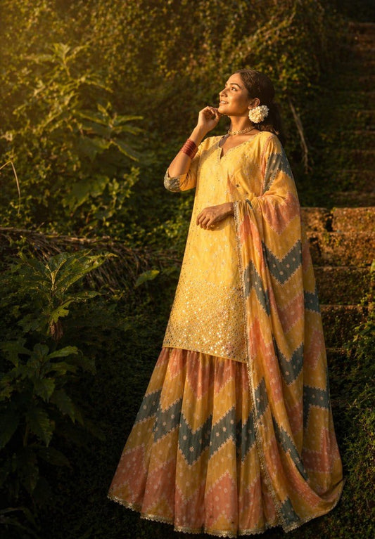 House of Paral Yellow and Multicolor Georgette Anarkali Suit Set for Women #product_color# 3 PCS SET