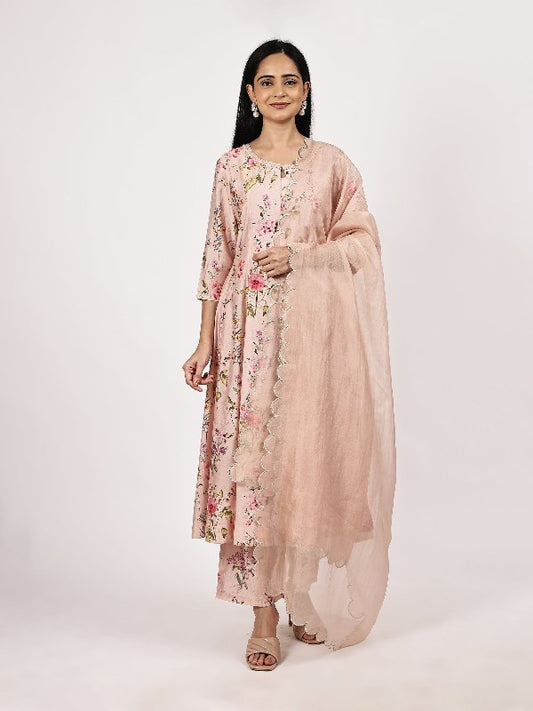 Peach Poly Blend Embroidered Kurta Set with Pink Dupatta