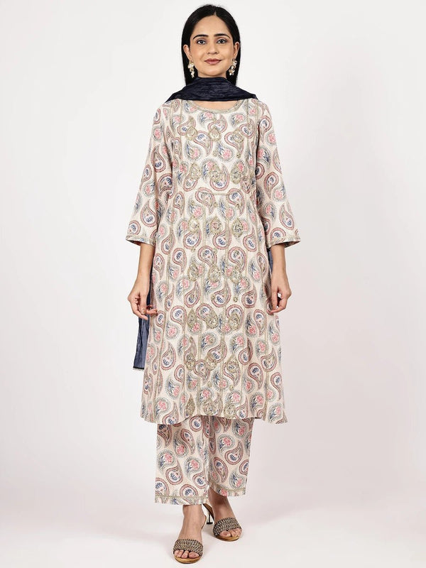 Linen Blend Kurta Set with Paisley Print & Blue Dupatta product_color KURTA SET
