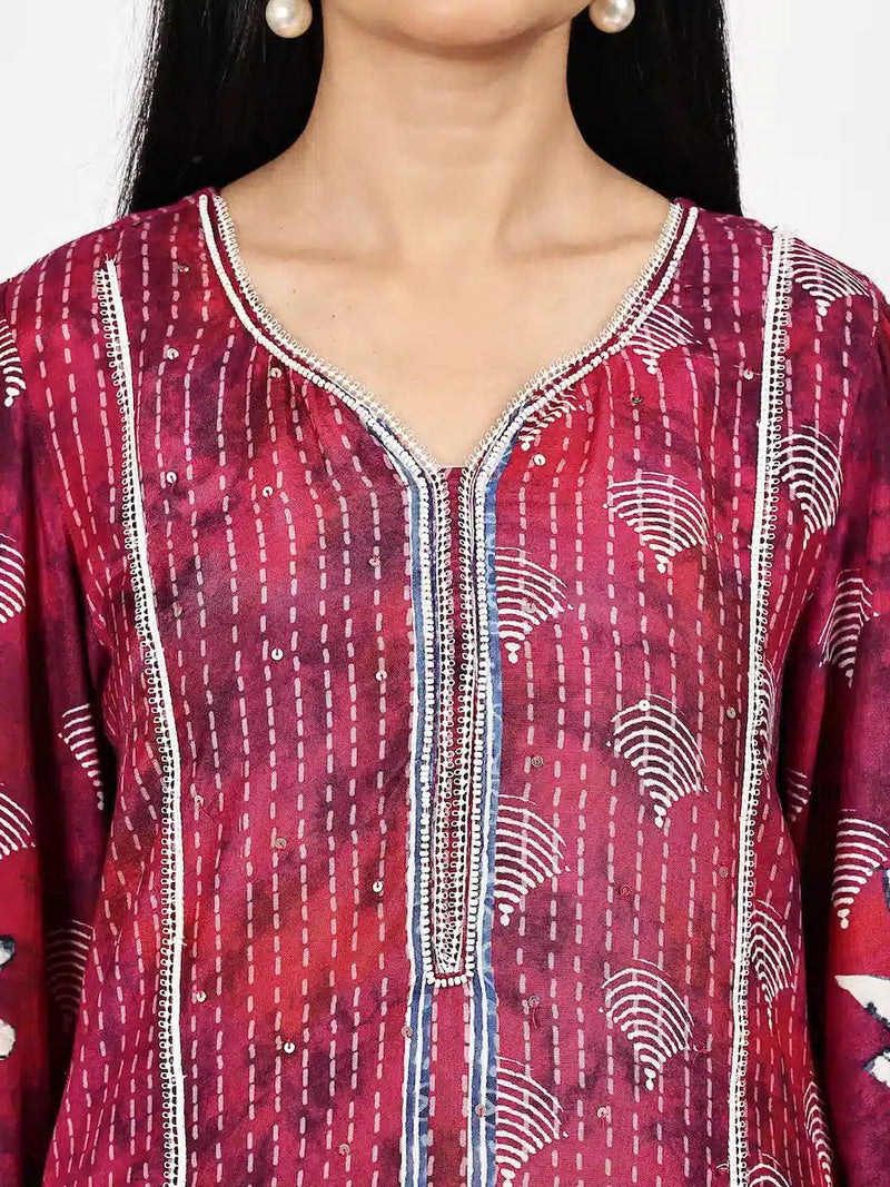 Magenta Floral Printed Kurta Set with Dupatta