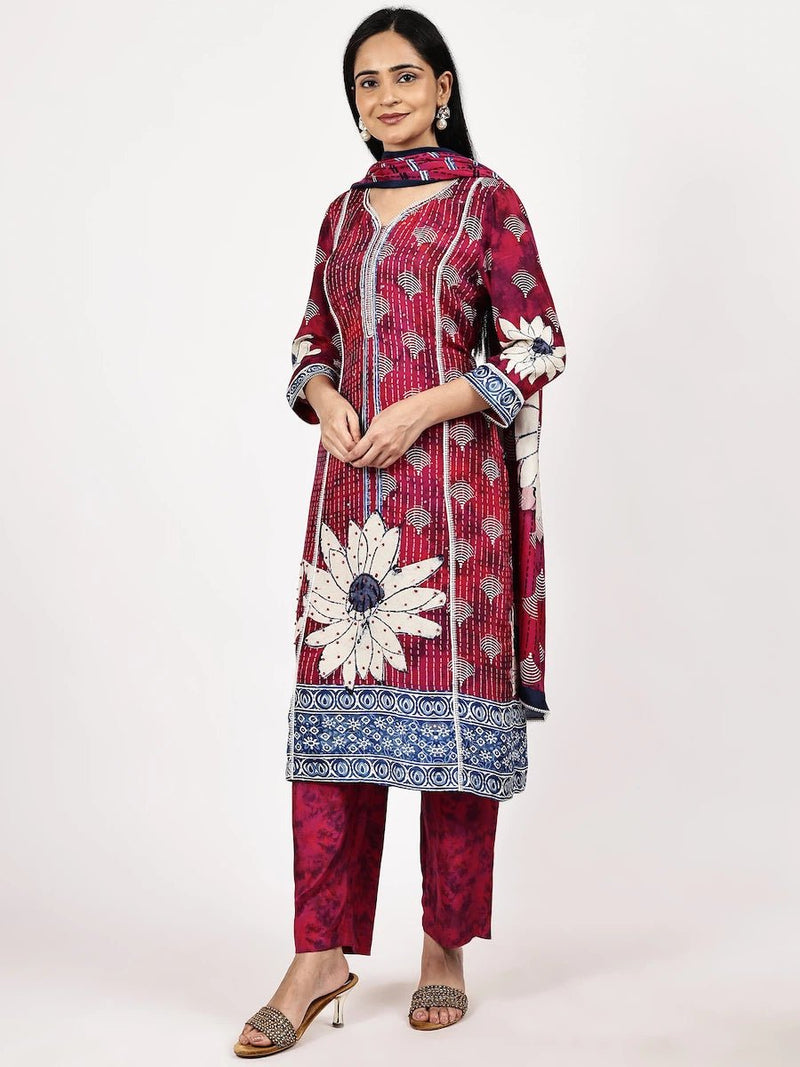 Magenta Floral Printed Kurta Set with Dupatta