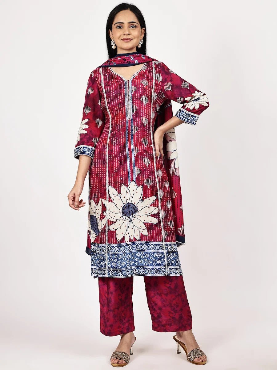 Magenta Floral Printed Kurta Set with Dupatta