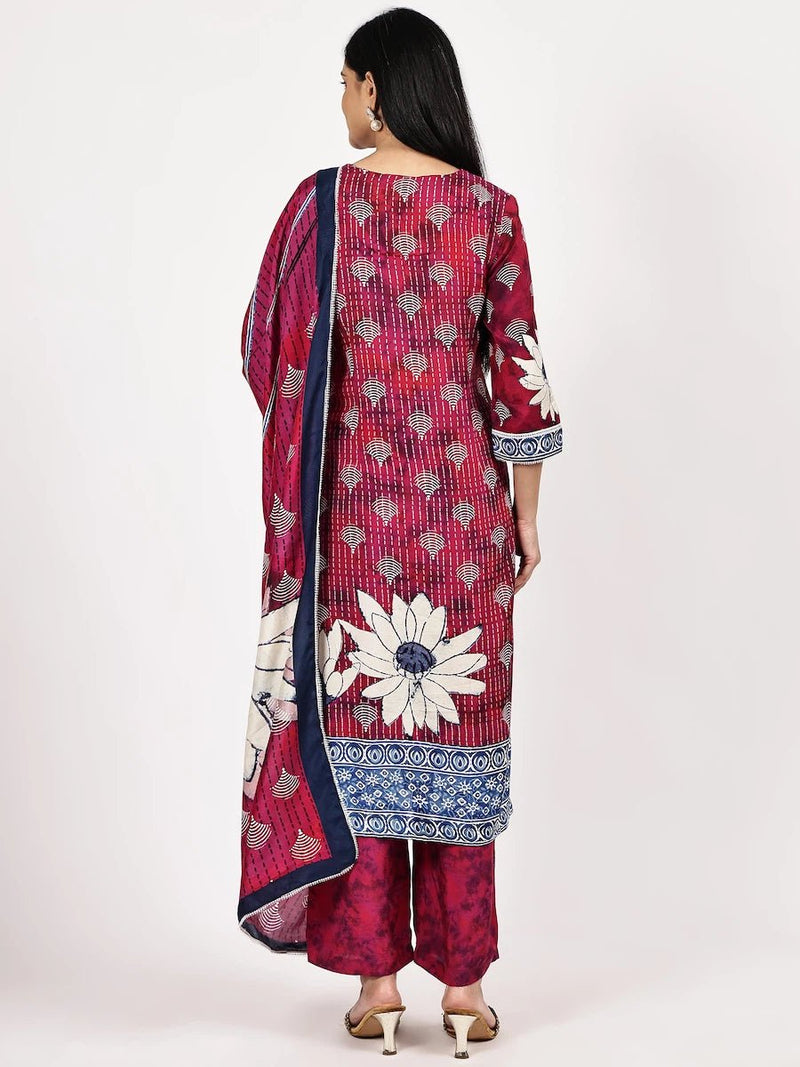 Magenta Floral Printed Kurta Set with Dupatta