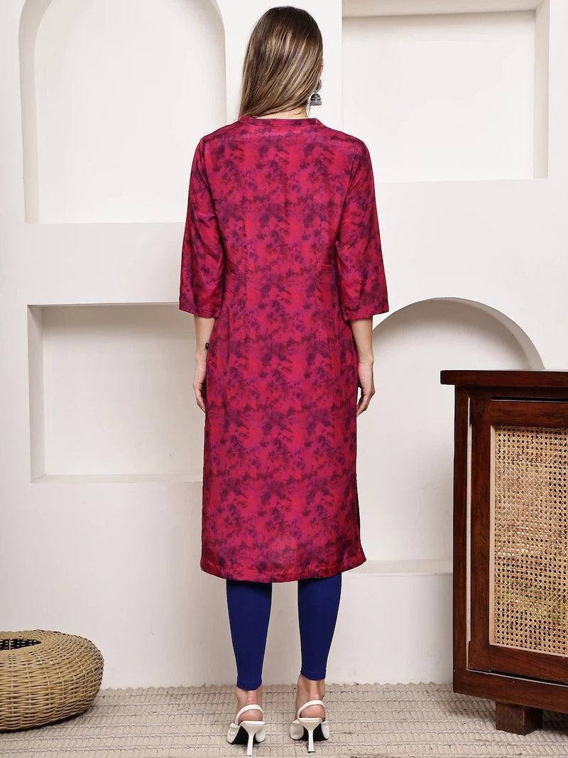Magenta Printed Straight Kurta with V-Neck