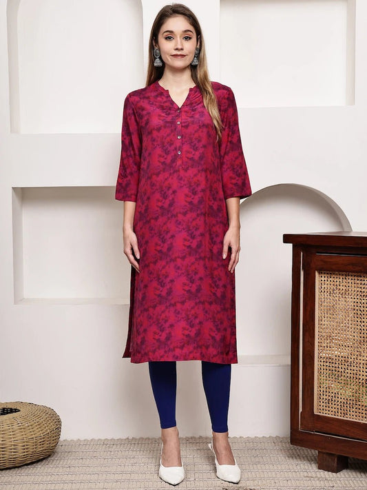 Magenta Printed Straight Kurta with V - Neck product_color Kurti
