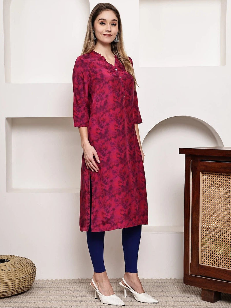 Magenta Printed Straight Kurta with V-Neck