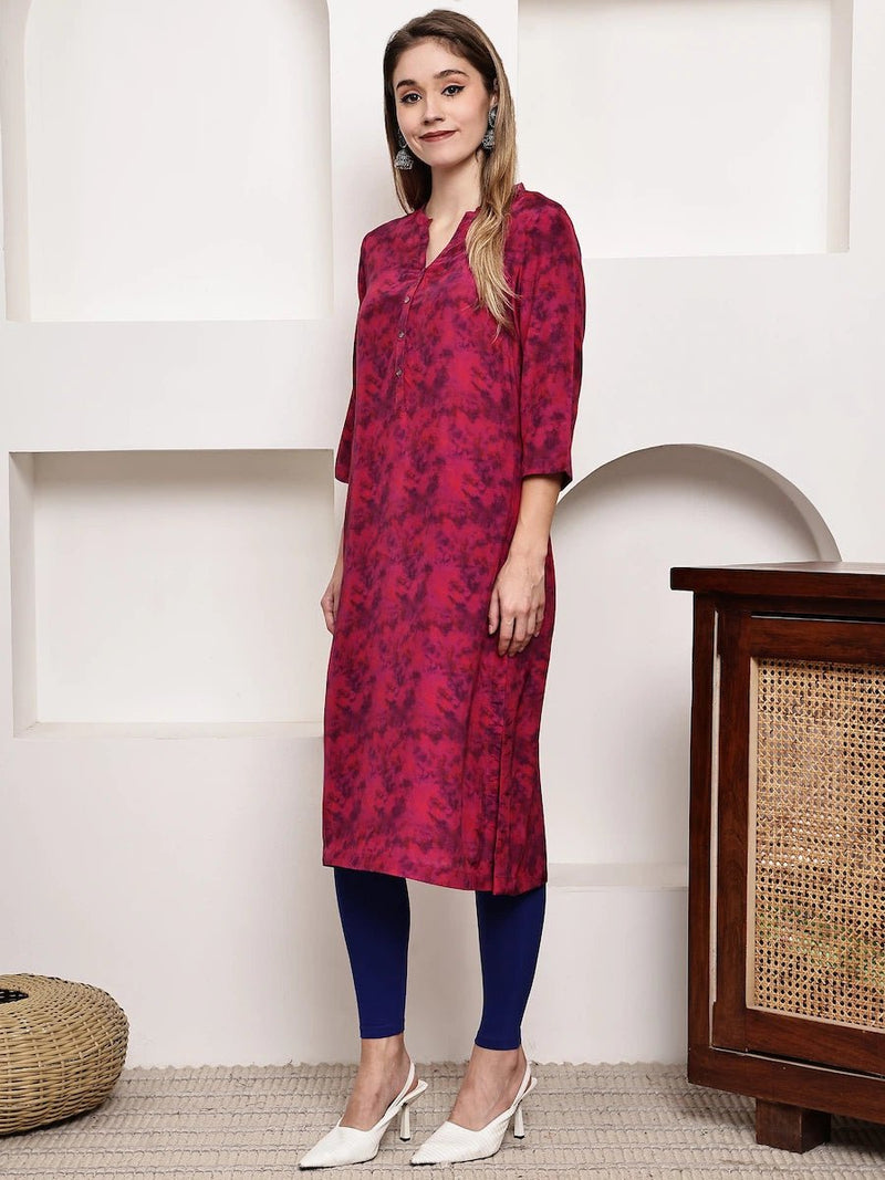 Magenta Printed Straight Kurta with V-Neck