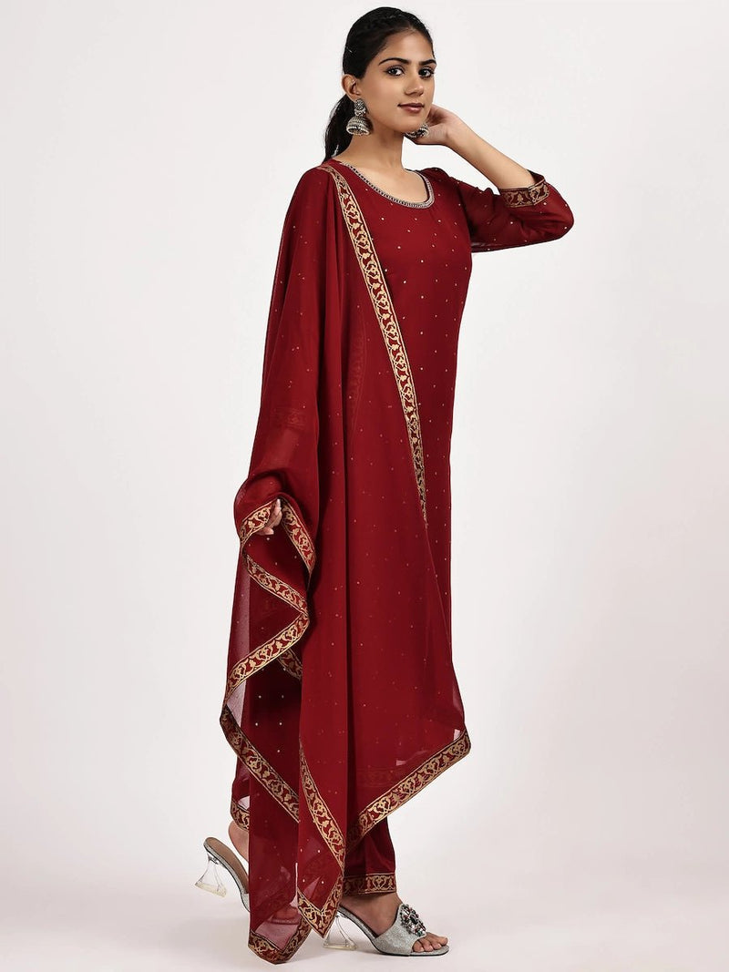 Maroon Embellished Kurta Set with Pants & Dupatta