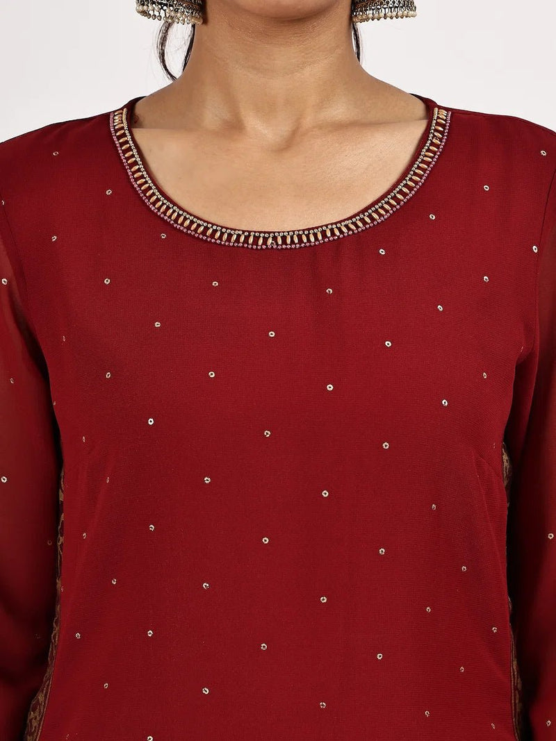 Maroon Embellished Kurta Set with Pants & Dupatta