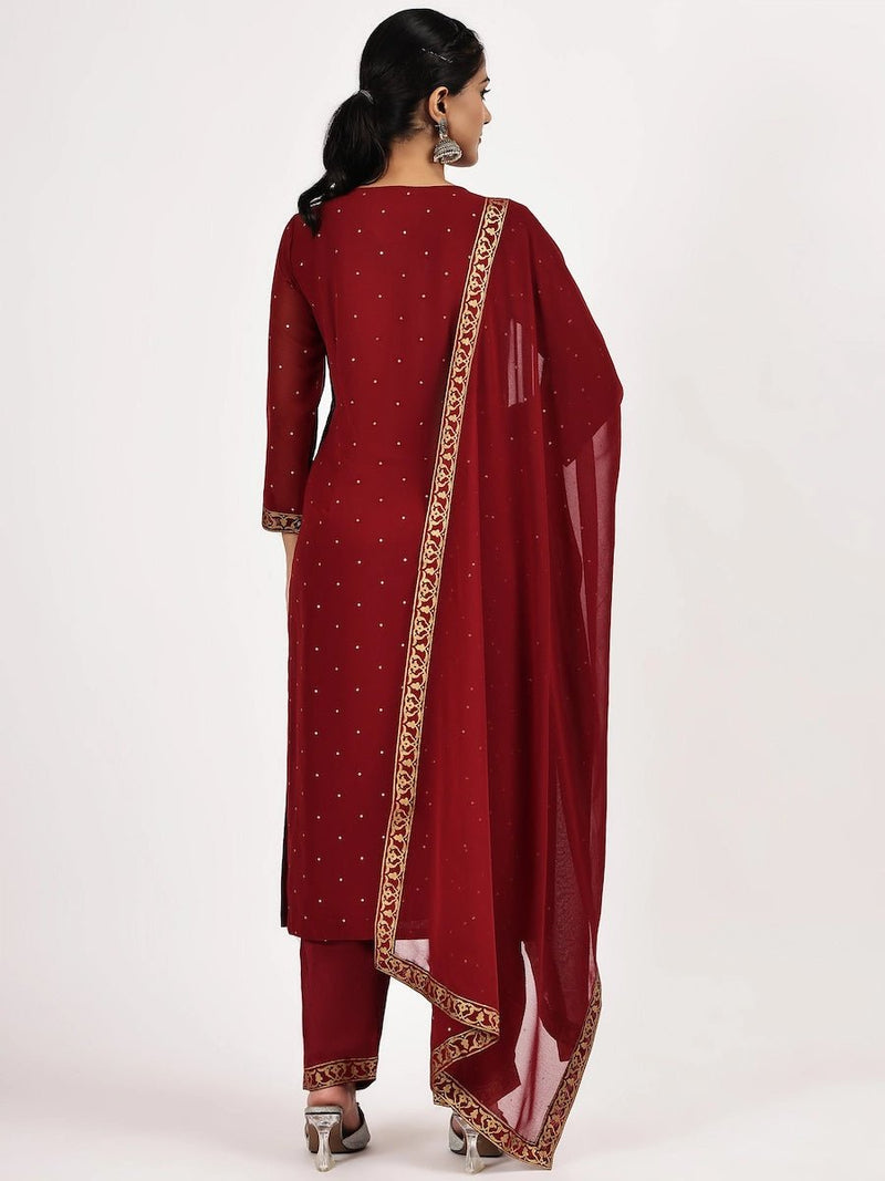 Maroon Embellished Kurta Set with Pants & Dupatta