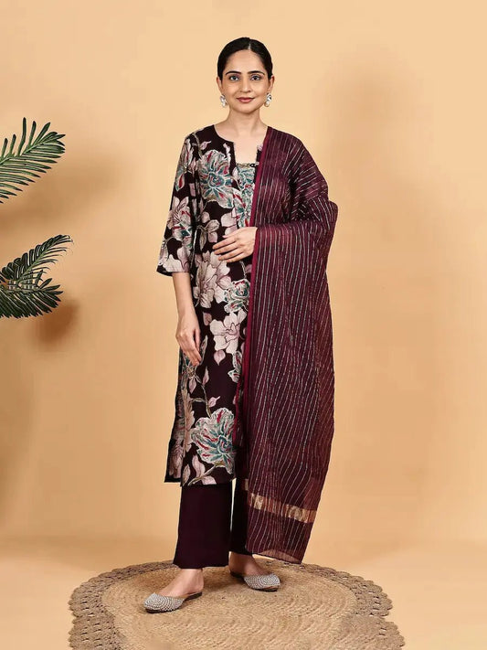Maroon Floral Printed Kurta Set with Dupatta product_color KURTA SET