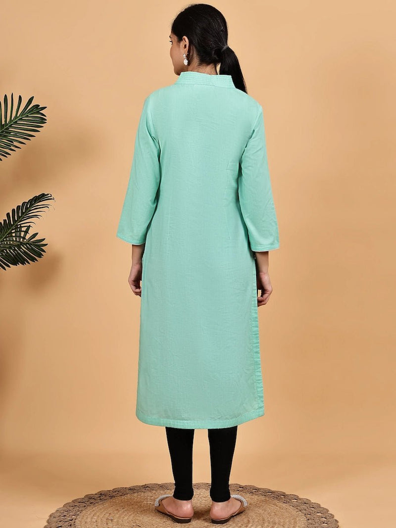 Mint Green Solid Straight Kurta with V-Slit Neck
