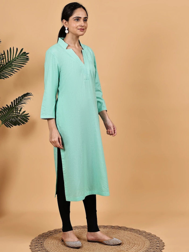 Mint Green Solid Straight Kurta with V-Slit Neck