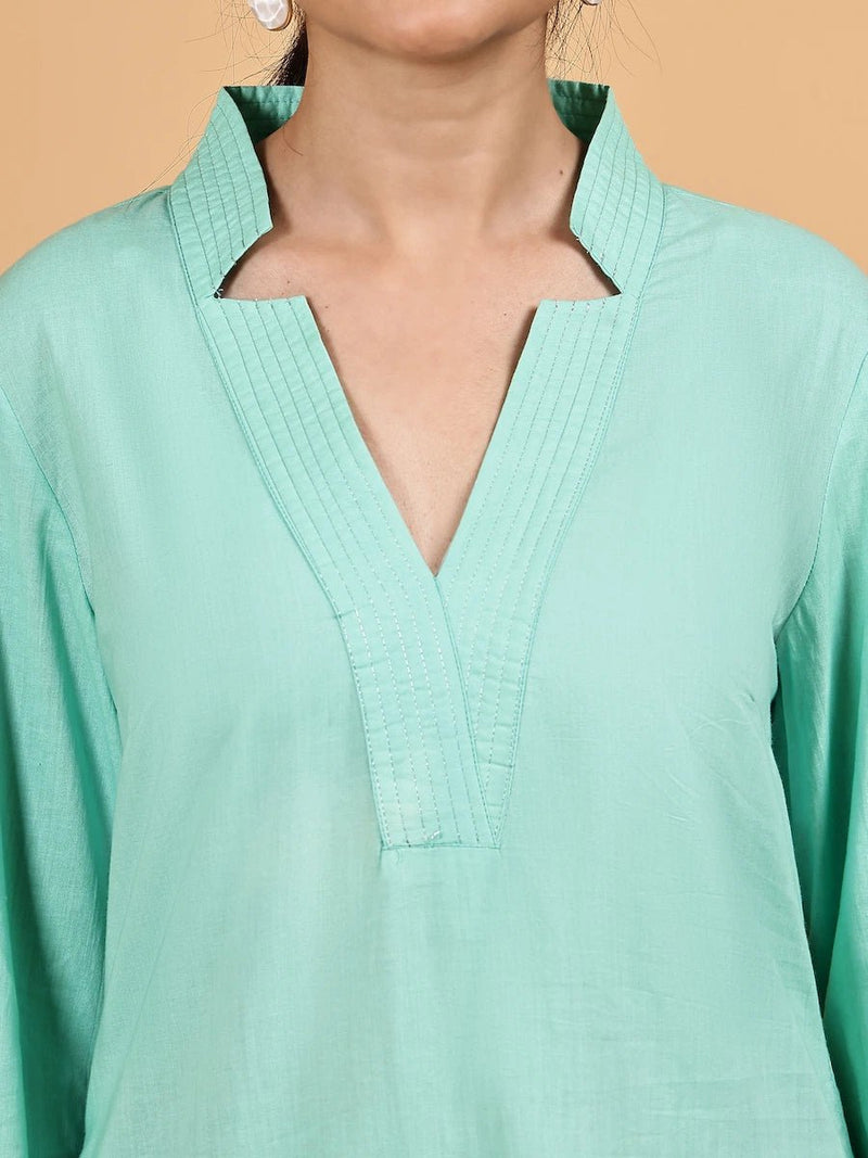 Mint Green Solid Straight Kurta with V-Slit Neck